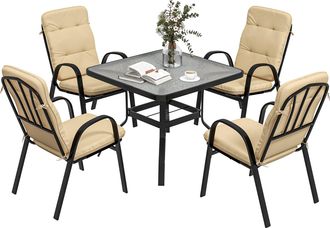 OUTSUNNY Garden Dining Set - Glass Table w/ Umbrella Hole - Beige | TJ Hughes