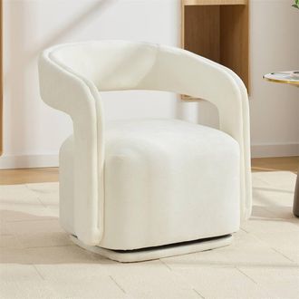 Direct Wicker Chenille 360 Degrees Swivel Armchair with Fabric Covered Wooden Base in White | Size: 1 Pack