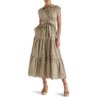 Steve Madden Clover Embroidered Eyelet Sleeveless Tiered Shirtdress in Silvery Grey at Nordstrom Rack, Size X-Small