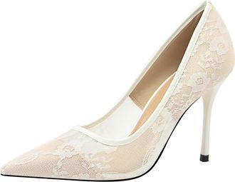 Generic Elegant Lace Hollow Design High Heel Pumps Womens Pointed Toe Shoes for Night Out and Celebrations,White,4.5 UK