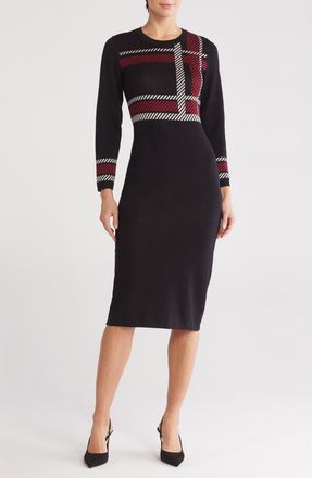 Sandra Darren Plaid Long Sleeve Body-Con Sweater Dress in Red/White/Black at Nordstrom Rack, Size X-Large