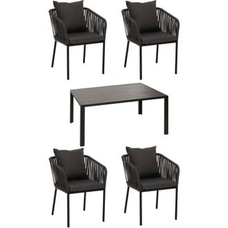 Hhg Nunca Usado] Set De Jard&iacute;n Hhg 616, Mesa+4xsillas, Aluminio Resistente A La Intemperie 140x80cm, Mimbre De Cuerda Rope, Antracita, Cojines Gris Oscuro