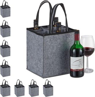 Relaxdays Set 9 Bolsas 9 Botellas, Portabotellas Fieltro, Transporte De La Compra, Cerveza, Agua, 45x24x24 Cm, Gris
