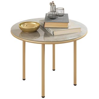 OUTSUNNY Round Small Garden Table with Faux Marble Glass Top - Beige | TJ Hughes