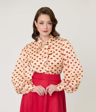 Unique Vintage Long Sleeve Neck Tie Gwen Blouse in Champagne & Red Hearts at Nordstrom, Size Medium L