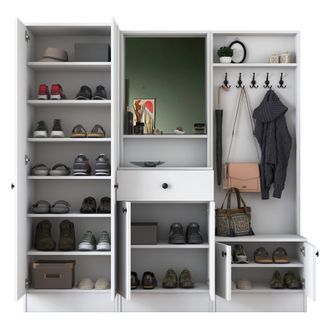 Dmora Mueble De Entrada Manzano, Espejo Incluido, Perchero, 11 Estantes, 179x37x183h Cm Blanco