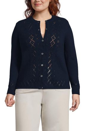 Lands End Pointelle Crew Neck Cardigan Sweater in Radiant Navy at Nordstrom, Size 1X