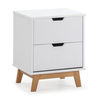 HOMN Mesita de noche de 2 cajones blanco, dm lacado, patas de madera