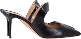 Aquazzura Croc-Embossed Pointed-Toe Heeled Mules in Black Leather