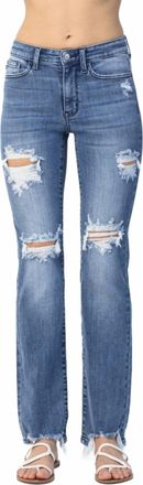 Judy Blue Destroyed Straight Mid-Rise Jeans In Medium Blue