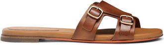 Santoni Leren Didi Slide Sandaal met Dubbele Gesp - Dames - Sandalen - Bruin - 38 1/2 EU - Leer - Schoenen
