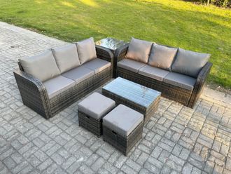 Fimous Outdoor Garden Furniture Sets 8 Seater Wicker Rattan Furniture Sofa Sets with Rectangular Coffee Table 3 Seater Sofa Side Table Footstools