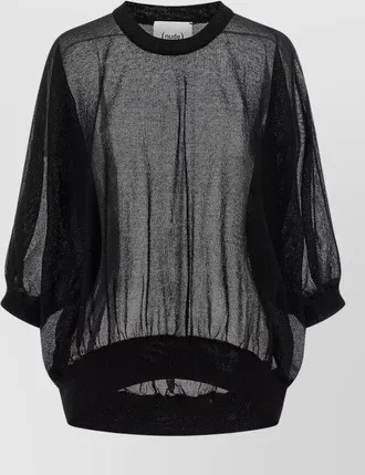 Nude semi-sheer short-sleeve crew-neck knitted top