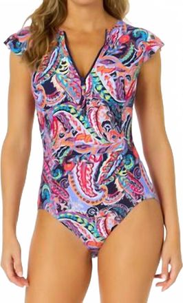 Anne Cole Womens Paisley Parade Flutter Zip One Piece In Multi