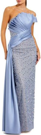 Mac Duggal Beaded Lace Strapless Gown With Pleated Satin Top in Fusion Blue at Nordstrom, Size 4