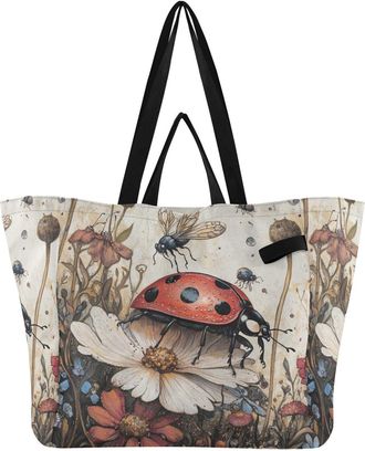 Generic Red Tiny Animals Flowers print Reusable Canvas Tote Bag, Heavy Duty Grocery Shopping Bag with Large Capacity Double Handles Hard Bottom Work Groceries