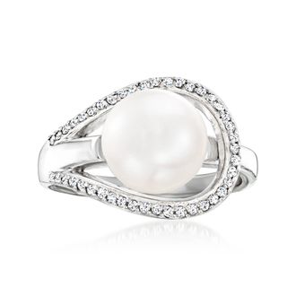 Ross-Simons 9-9.5mm Cultured Pearl and. Diamond Ring in Sterling Silver