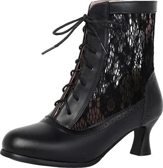 Generic Womens Breathable Mid Calf Boots Round Toe High Strange Style Heel With Lace Up Front And Hollow Mesh Design