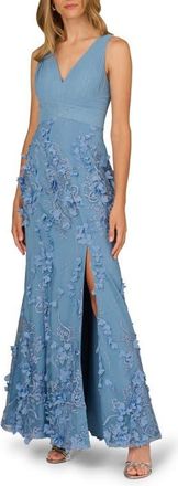Adrianna Papell Embroidered Mesh Trumpet Gown in Dusty Blue at Nordstrom, Size 18