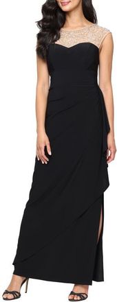Alex Evenings Bead Detail Mixed Media Gown in Black Gold at Nordstrom, Size 10