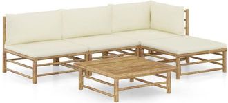 vidaXL Set de muebles de jardín 5 piezas bambú y cojines blanco crema Vidaxl