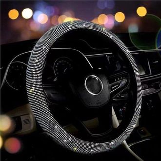 OEM Funda Para Volante Con Brillo Para 38 Cm, Ajuste Universal Diamantes Imitaci&oacute;n, Terciopelo Antideslizante Cristales Masaje, Elegante (negro)