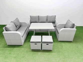 Fimous Patio Dining Table & Chairs Set with Reclining Chair 2 Small Stool in Light Grey