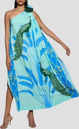 Verandah Palm And Peacock Toga Maxi Dress In Aqua
