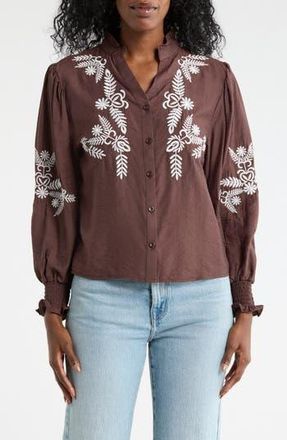 Forgotten Grace Embroidered Buttoned Top in Dark Brown at Nordstrom Rack, Size X-Large