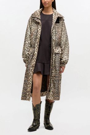 Ganni Leopard Nylon Parka Coat - Size 34 Brown