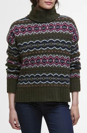 Barbour Helen Fair Isle Wool Blend Turtleneck Tunic Sweater in Olive Multi at Nordstrom, Size 12 Us