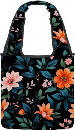 Generic Floral with Leaves Reversible Canvas Shoulder Tote - Double-Sided Print, 12oz Cotton, 27cm Drop, Fold-Flat Bag for Travel, Shopping, Street Outings