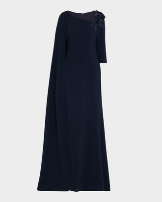 Teri Jon Cape-Sleeve Floral Applique Trumpet Gown