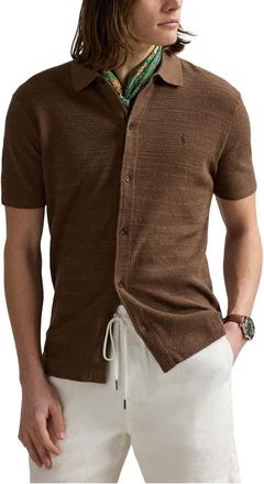 Polo Ralph Lauren Textured Short Sleeve Cotton & Linen Button-Up Shirt in Fall Brown at Nordstrom, Size Medium