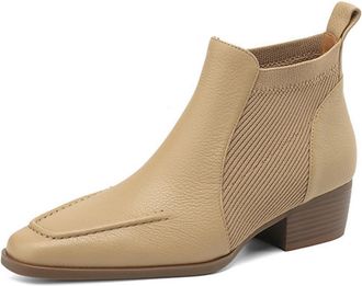 Generic Womens Ankle Chelsea Boots Faux Leather Knit Panel Block Heel Pull Tab Black Beige Comfortable Stylish For Daily Office And Casual Wear,Apricot,4.5 UK