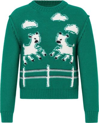 Moschino Cropped Knit Sweater with Playful Horse Motifs and Contrasting Details