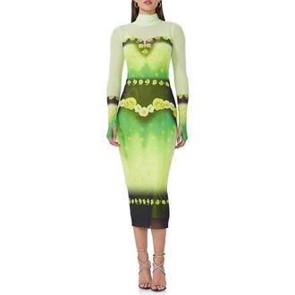 AFRM Shailene Long Sleeve Turtleneck Mesh Dress in Lime Floral Placement at Nordstrom, Size Large