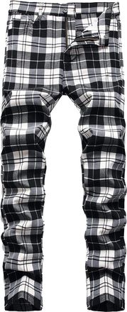 Feoya Mens Plaid Chinos Slim Fit Checked Trousers Casual Chino Pants Stretch Straight Leg Trousers Fitted Cotton Tartan Pant Zip Fly Elastic Check Suit Trou