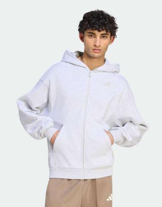 adidas adidas kit - Felpa con cappuccio grigio chiaro m&eacute;lange con zip e logo piccolo