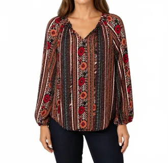 Papillon Womens Multi Floral Stripe V-Notch Shirt In Brown
