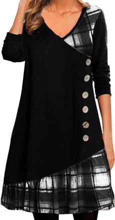 Generic Jumper Dress for Women Causal Loose Crew Neck Dress for Women UK Ladies Button Detail Work Office Autumn Winter Knee LengthVintage Comfortable Tunic C