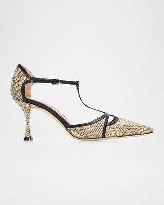 Manolo Blahnik 70mm Gish Snake-Embossed Leather Pumps
