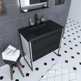 Aurlane Mueble De Ba&ntilde;o 80x50 Blanco - 2 Cajones Negro Mate - Lavabo De Resina Negro Efecto Piedra