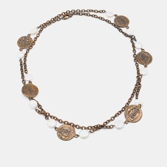 Carolina Herrera Antique Finish Metal Pearl Station Necklace