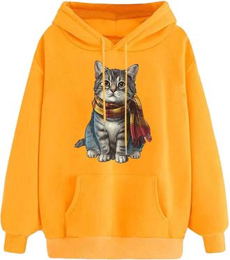 Generic Hooded Sweatshirt Women Cat Hoodies For Women Long Sleeve Casual Jumpers Cute Animal Print Pullover Tops Blouse Cartoon Print Tees Shirts Streetwear O