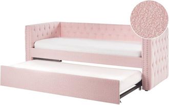 Beliani Glam Boucle EU Single Trundle Bed Frame 3ft Slatted Frame Buttoned Pink Gassin