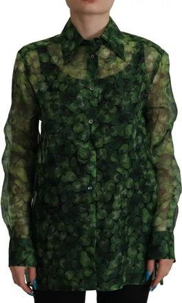 Dolce & Gabbana Green Clover Print Long Sleeves Collared Top Womens Blouse