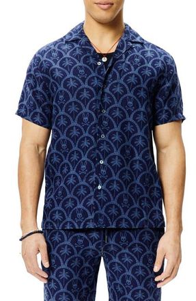Psycho Bunny Brad Linen Blend Camp Shirt in Evening Blue at Nordstrom, Size 5