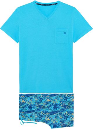 HOM Mens Pyjama Court Valley Pajama Set, Top: Turquoise Plain Bottom: Blue/Yellow/Green Foliage Print Turquoise Background, XXL