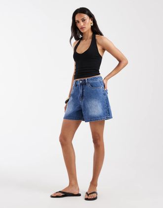 Object Pantaloncini ampi a vita alta in denim lavaggio blu medio